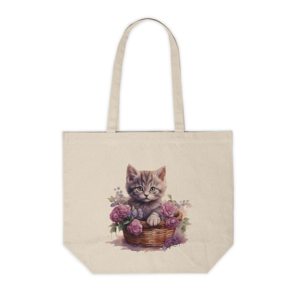 Handmade Handbags - Floral Cat in a Basket Custom Canvas Tote Bag